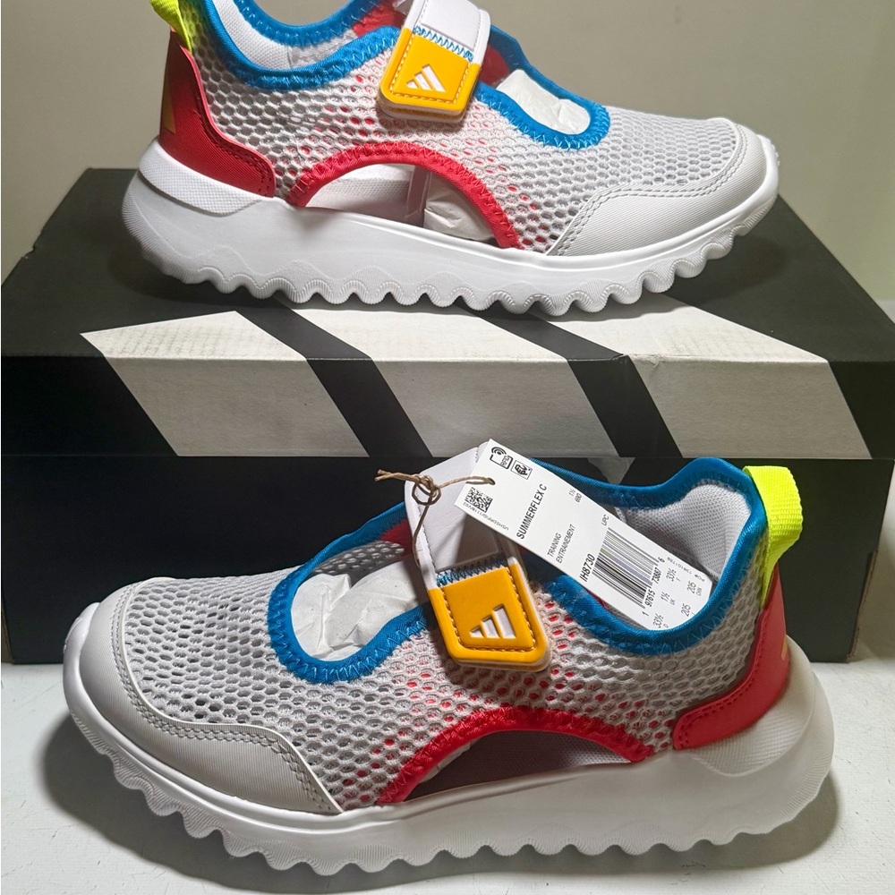 adidas White Mesh Kids Sneakers with Red, Blue & Yellow Accents